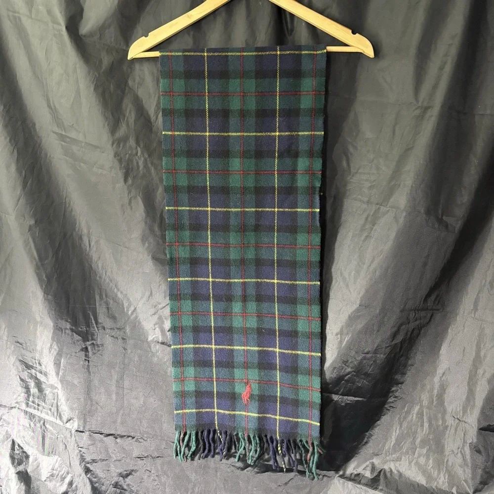 Polo Ralph Lauren Made in Italy Tartan Wool Scarf Pony Logo Italian Navy Green